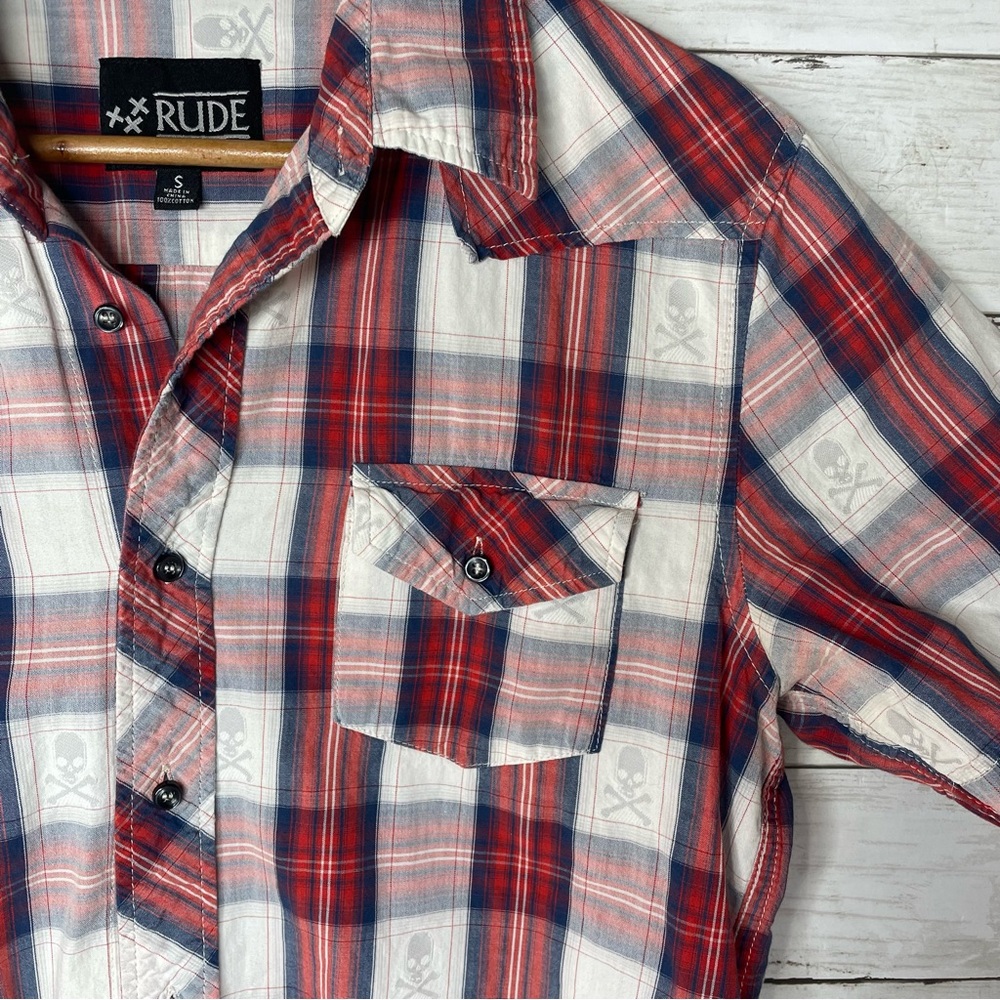 Rude Red White Plaid Skull Print Short Sleeve Button Up Shirt Mens Small